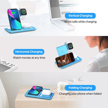 Wireless Charging Station, 3 in 1 Wireless Charger Stand, Fast Wireless Charging Dock for iPhone15 14 13 12 11 Pro/X/Max/XS/XR/8/Plus, for Apple Watch8/7/6/5/4/3/2/SE, for Airpods 3/2/Pro(Blue)