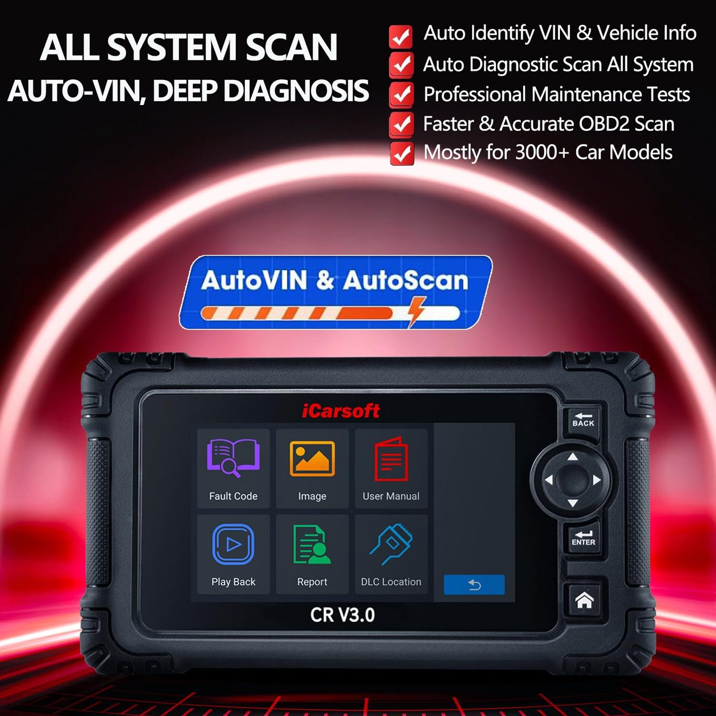 OBD2 Scanner Diagnostic Tool, iCarsoft CR V3.0 Bidirectional Vehicle Scan Tool Full ECU Diagnosis, Active Test, All System, 23+ Resets/Relearn; Code Readers Scan Tool, Auto VIN, (2024 NEW)-Free Update