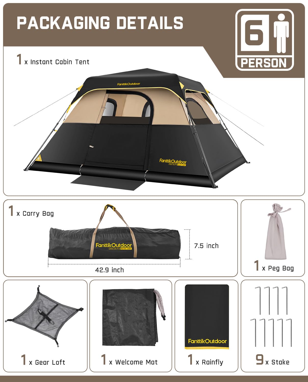 FanttikOutdoor Zeta C6 Pro Camping Tent 6 Person Instant Cabin Tent Setup in 60 Seconds with Rainfly & Windproof Portable Tent with Carry Bag for Family Camping & Hiking, Upgraded Ventilation