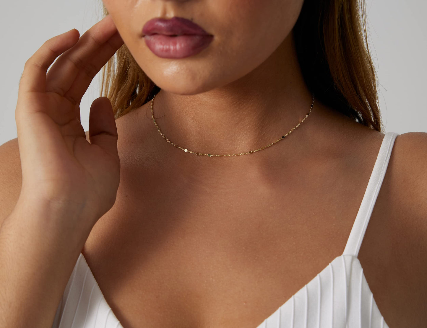BERISO 14K Gold Plated Dainty Sparkle Dot Chain Necklace Shining Dot Sequins Necklace Simple Necklace with Adjustable Extension Chain Good Gift for Women Girls Mom Girlfriend