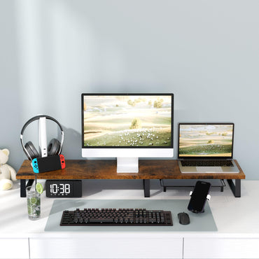 Desktop Dual Monitor Stand Riser - Wood Monitor Stand for 2 Monitors, Computer Stand with Metal Legs & Drawer, Office Desk Organizers and Storage, Monitor Shelf for Computer/Laptop/Printer/TV, Vintage