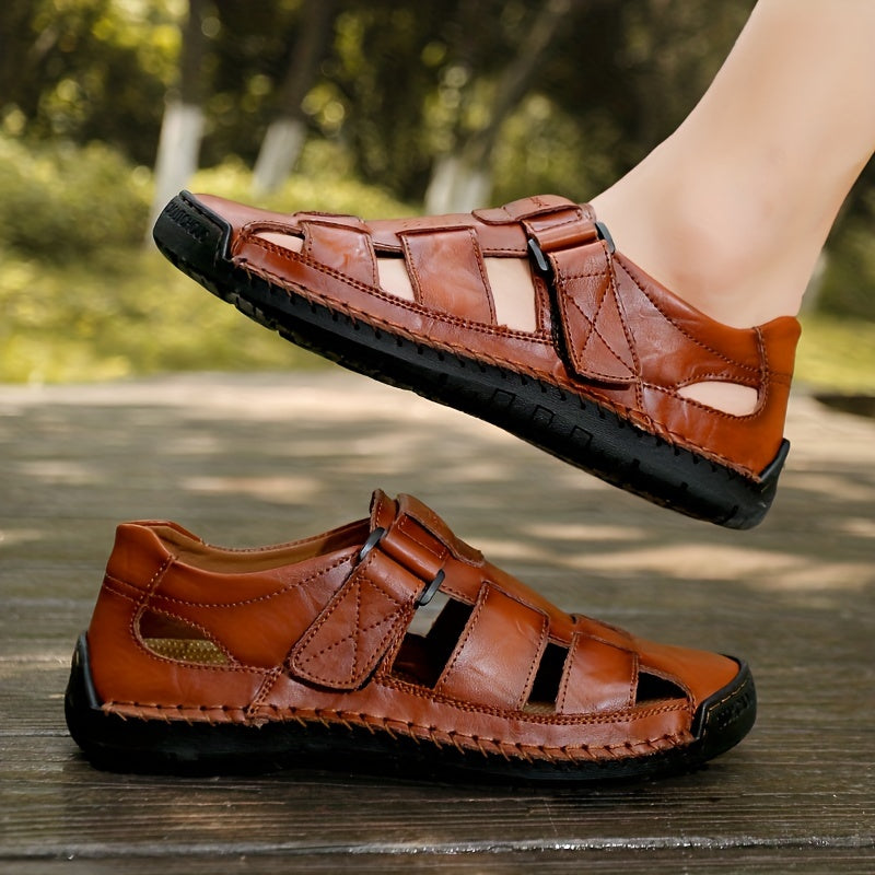 Men's Retro Brown Faux Leather Sandals - Adjustable Hook and Loop Fastener, Non-Slip Rubber Sole, Comfortable Open-Toe Slides for Outdoor Hiking, Trekking, Beach Wear | Spring/Summer/Autumn