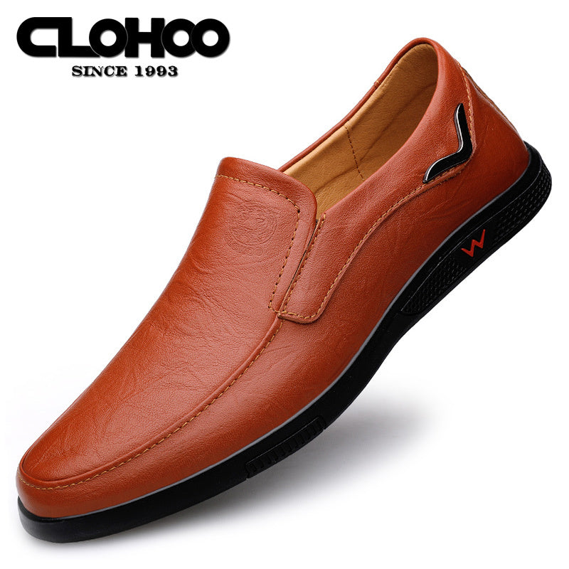 CLOHOO Men's Slip-On Casual Shoes - Genuine Leather Upper, Rubber Sole with PU Cushioned Insole, All-Season Comfort for Business & Vacation, Brown/Black, Casual Footwear | Classic Slipon | Rubber Sole Footwear