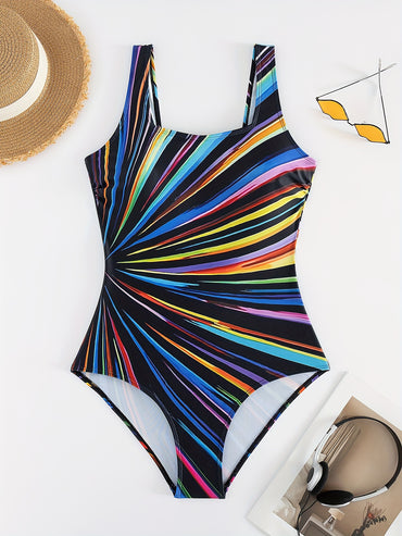 Plus Size Fashionable Swimsuit, Women's Plus Stripe Print Square Neck One Piece Bathing Suit