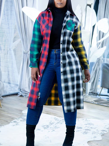 Color Block Plaid Patchwork Lapel Collar Trench Coat, Polyester Non-Stretch Woven Fabric, Fall Season Women'S Clothing