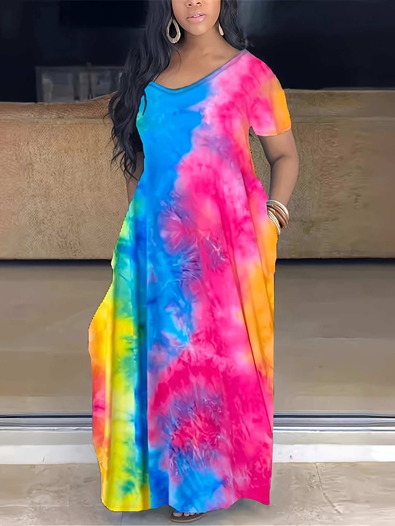 fitted lace wedding dress LD-A {My Rainbow} Tie Dye V-Neck Maxi Dress Plus Size 1x 2X 3X 1x main image 0