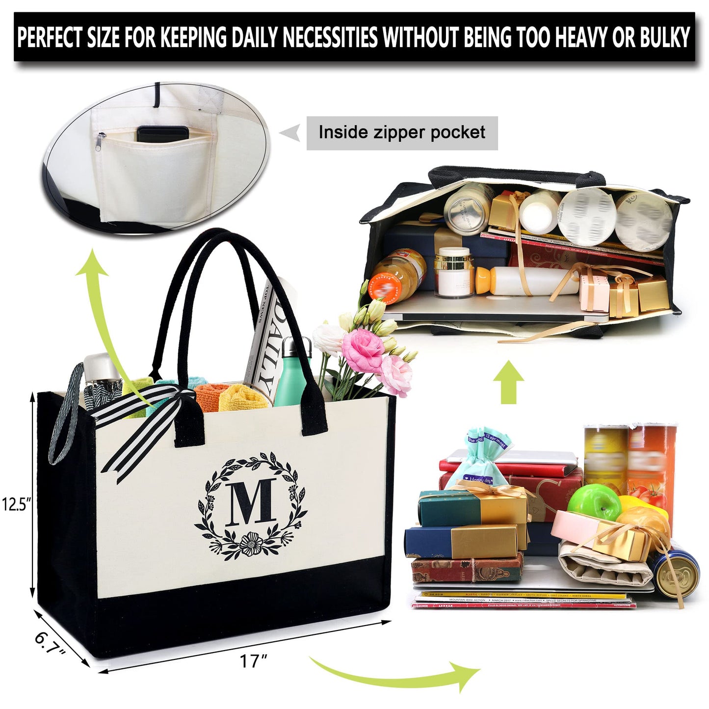 BeeGreen Gifts for Mom 50th Birthday Gifts for Women Her Bridesmaid Gift Baskets for Woman Friend Teacher Coworkers Female Sister Initial Canvas Tote Bag Unique Personalized Friendship Gifts Womens M