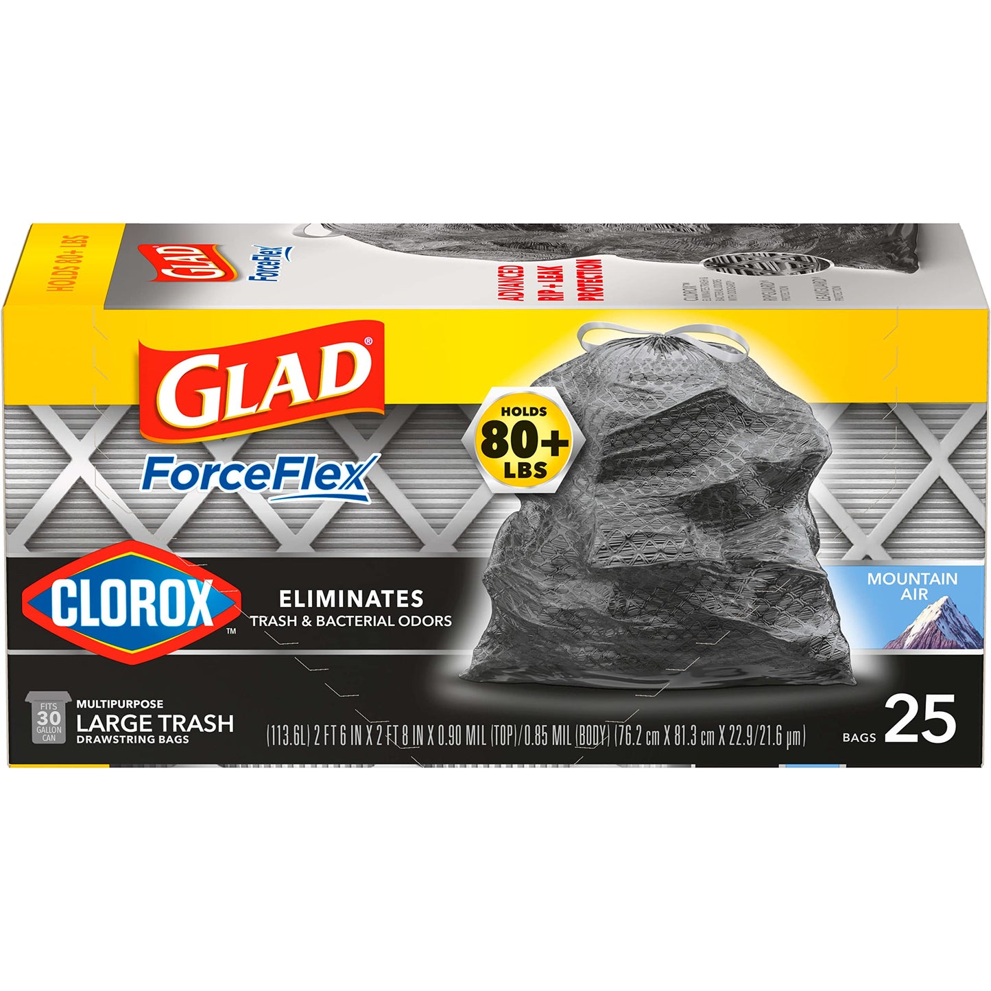 Glad Trash Bags, Large Drawstring Garbage Bags ForceFlex with Clorox, 30 Gallon, Mountain Air, 25 Count