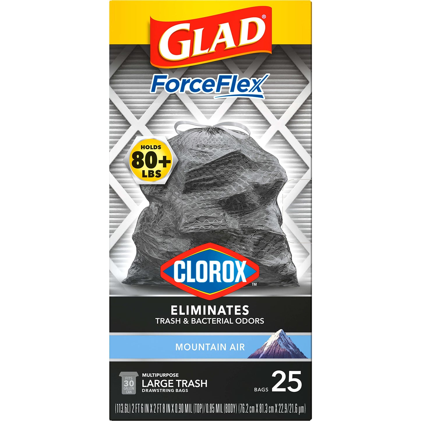 Glad Trash Bags, Large Drawstring Garbage Bags ForceFlex with Clorox, 30 Gallon, Mountain Air, 25 Count