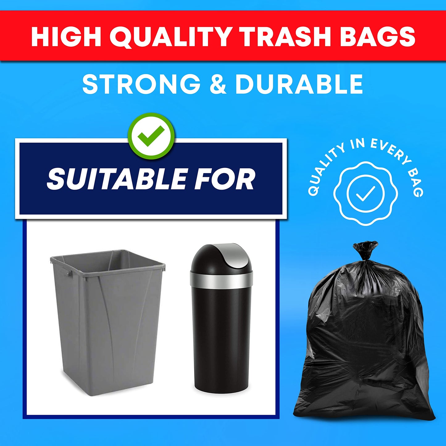 Tasker 30-33 Gallon Trash Bags (Value 250 Bags), Black Garbage Bags 30 Gallon - 32 Gallon - 33 Gallon - 35 Gallon. High Density Bags