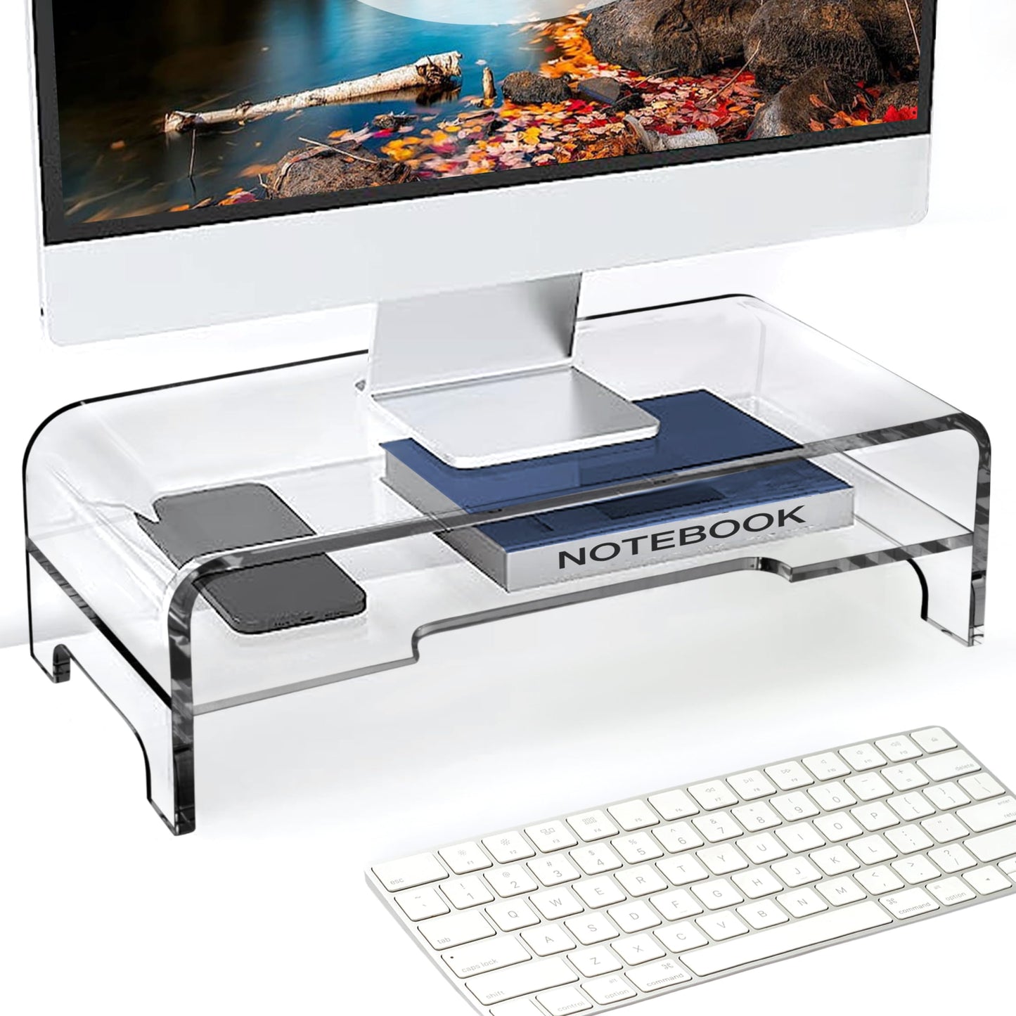 AMT 2 Tier 5.5 Inch High AMT Clear Acrylic Monitor Stand Riser Clear Computer with Cat Keyboard Protector, Space-Saving Design, Extra Storage, Clear Shelf - Ideal for Monitors, Laptops, Printers,