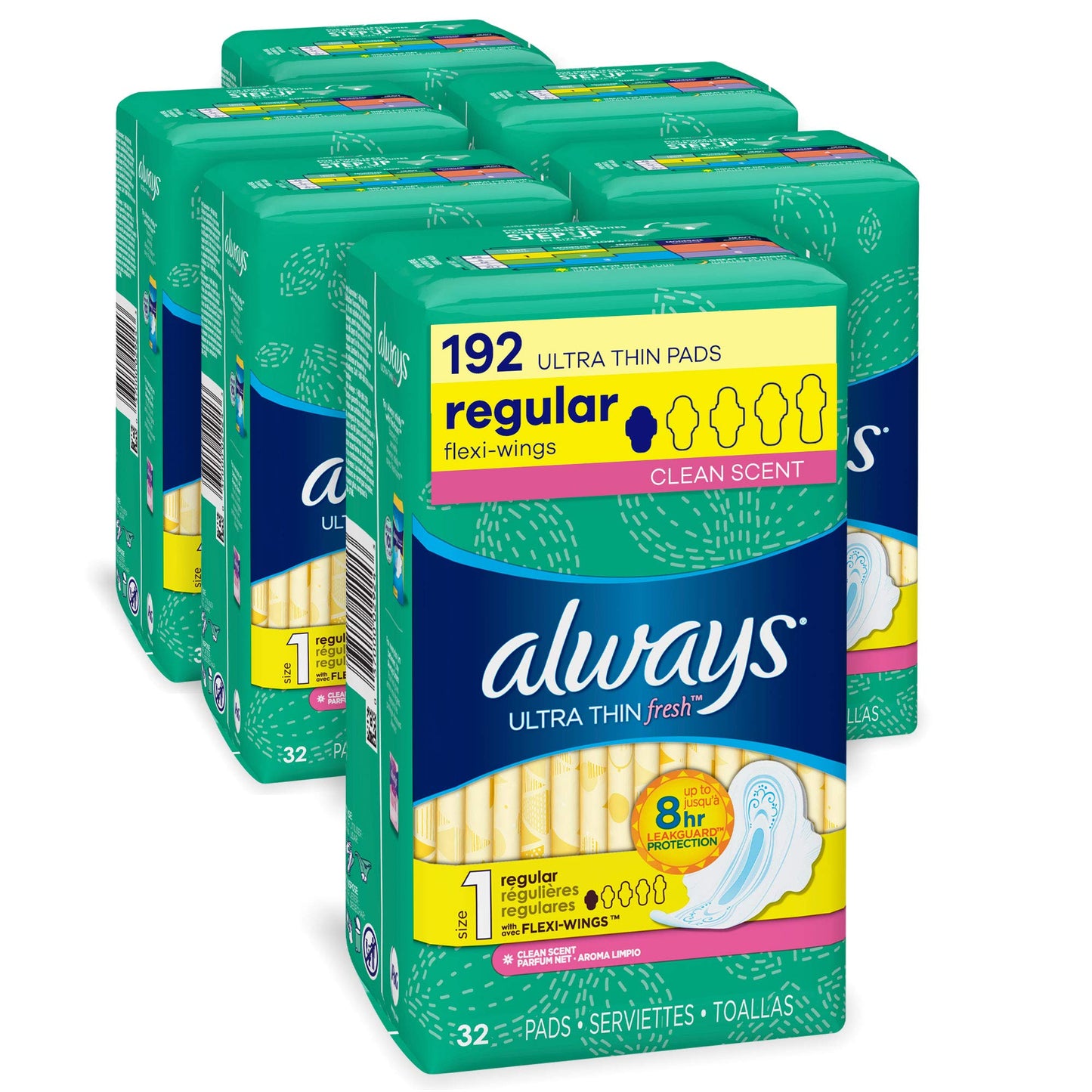 Always Ultra Thin Feminine Pads for Women, Size 1, Regular Absorbency, with Wings, Scented, 32 Count - Pack of 6 (192 Total Count)