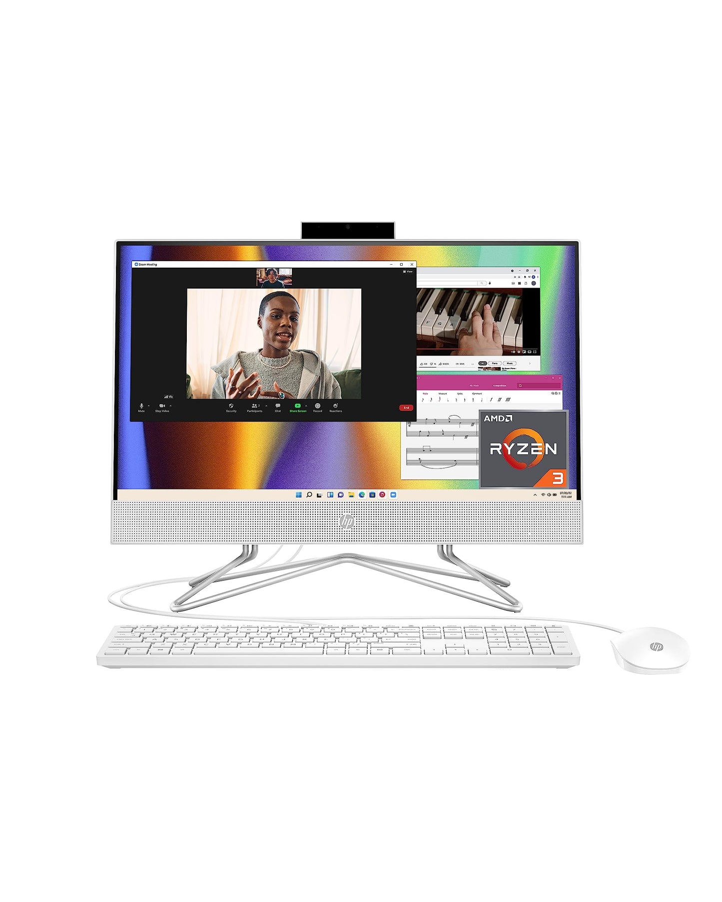 HP All-in-One PC Desk Computer, 21.5" Full HD Micro-Edge Display, AMD Ryzen 3 Processor, AMD Radeon Graphics, 8 GB SDRAM, 256 GB SSD, Windows11 Home OS, MU-MIMO, Bluetooth, and Wi-Fi (22-dd0032, 2022)