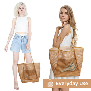 KALIDI Beach Mesh Tote Bag, Casual Tote Grocery Bag Hobo Women Foldable MAX 23L Shoulder Bag For Beach Picnic Vacation
