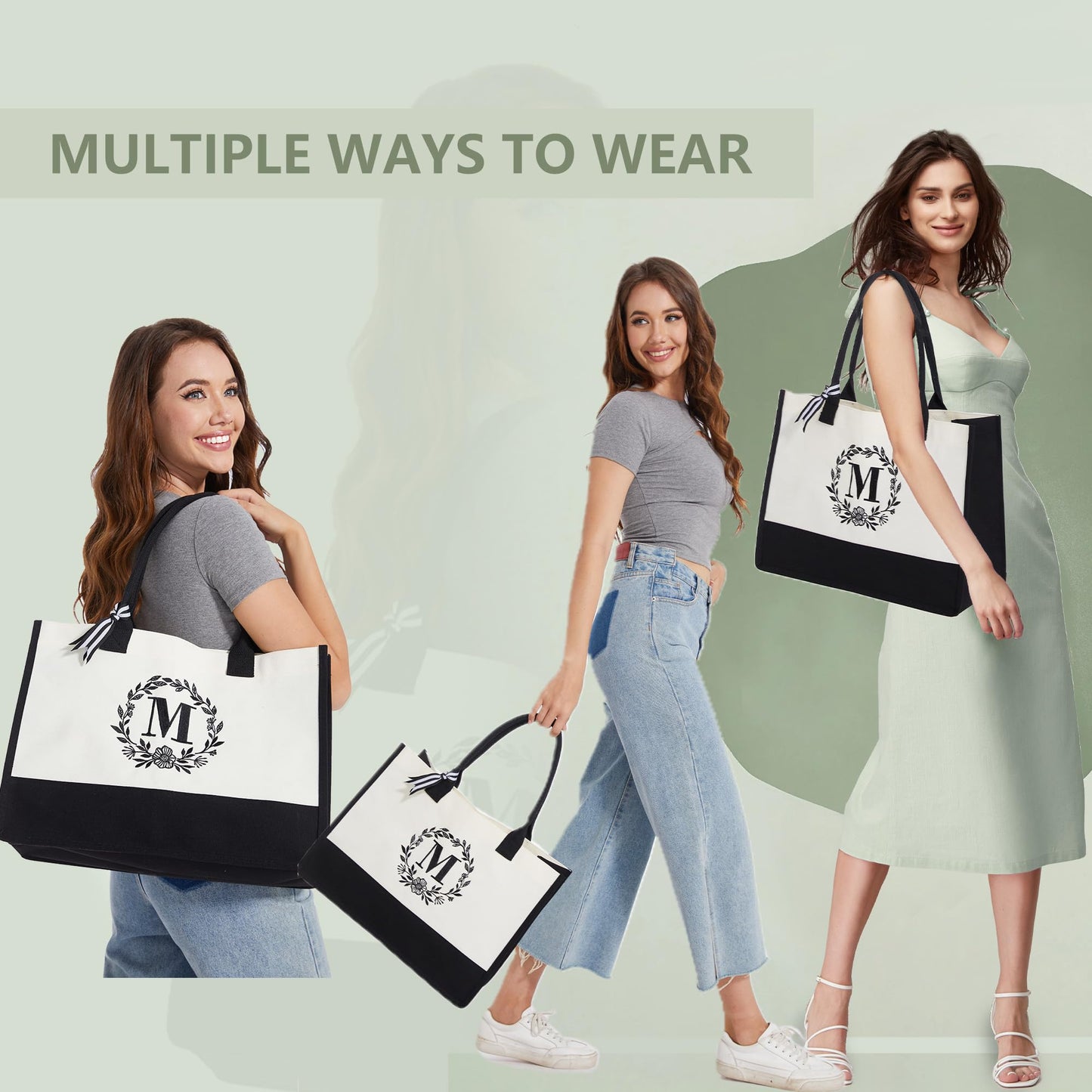 BeeGreen Gifts for Mom 50th Birthday Gifts for Women Her Bridesmaid Gift Baskets for Woman Friend Teacher Coworkers Female Sister Initial Canvas Tote Bag Unique Personalized Friendship Gifts Womens M