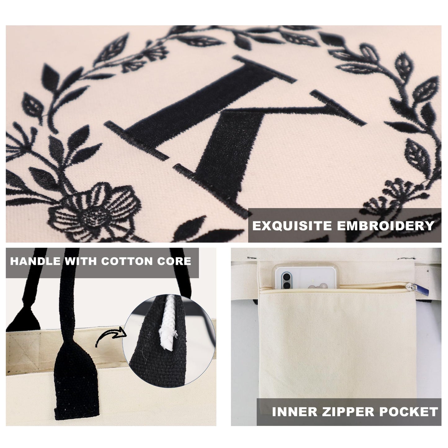BeeGreen Gifts for Mom 50th Birthday Gifts for Women Her Bridesmaid Gift Baskets for Woman Friend Teacher Coworkers Female Sister Initial Canvas Tote Bag Unique Personalized Friendship Gifts Womens M