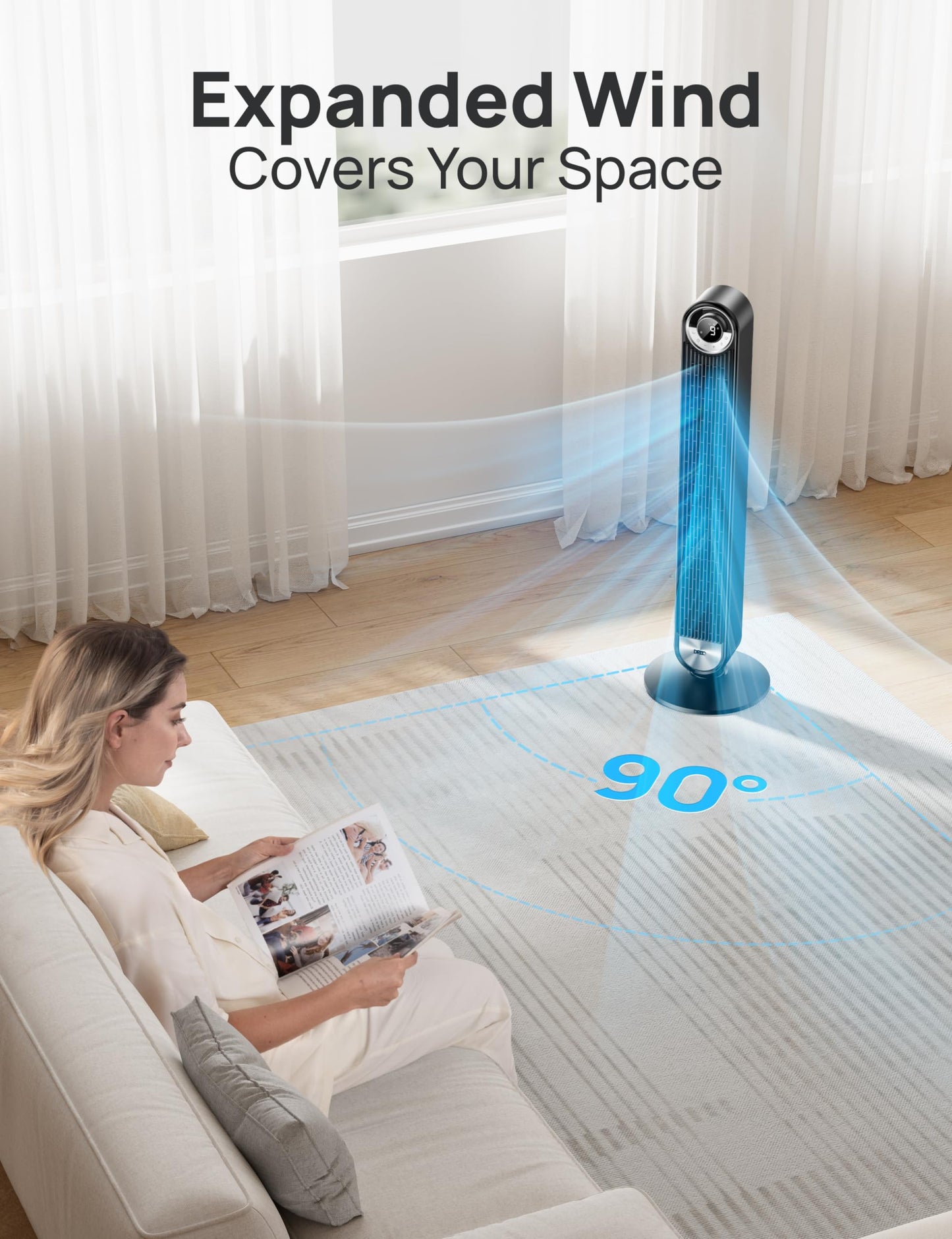 Dreo Tower Fan for Bedroom, Upgraded DC 9 Speeds Utral-Quiet Floor Fan, 90° Oscillating Fans for Indoors with 26ft/s Velocity, 12H Timer, Standing Fans, Bladeless Fan Powerful for Home Office Room
