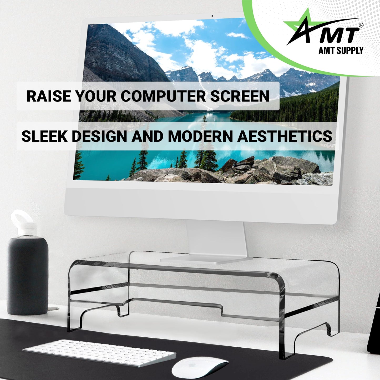 AMT 2 Tier 5.5 Inch High AMT Clear Acrylic Monitor Stand Riser Clear Computer with Cat Keyboard Protector, Space-Saving Design, Extra Storage, Clear Shelf - Ideal for Monitors, Laptops, Printers,