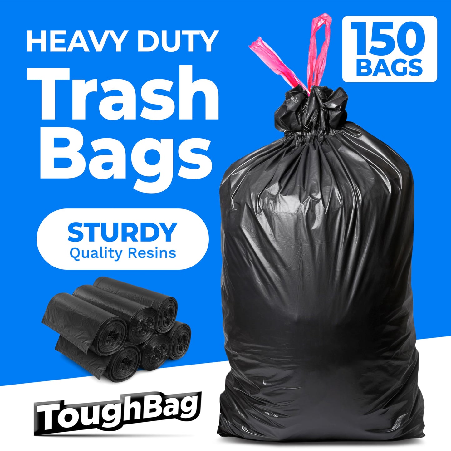 ToughBag 30 Gallon Trash Bags Drawstring (150 Count) Large Black Garbage Bags 30+ Gallon, Heavy Duty 30 Gallon Trash Bags for Kitchen, Commercial & Lawn