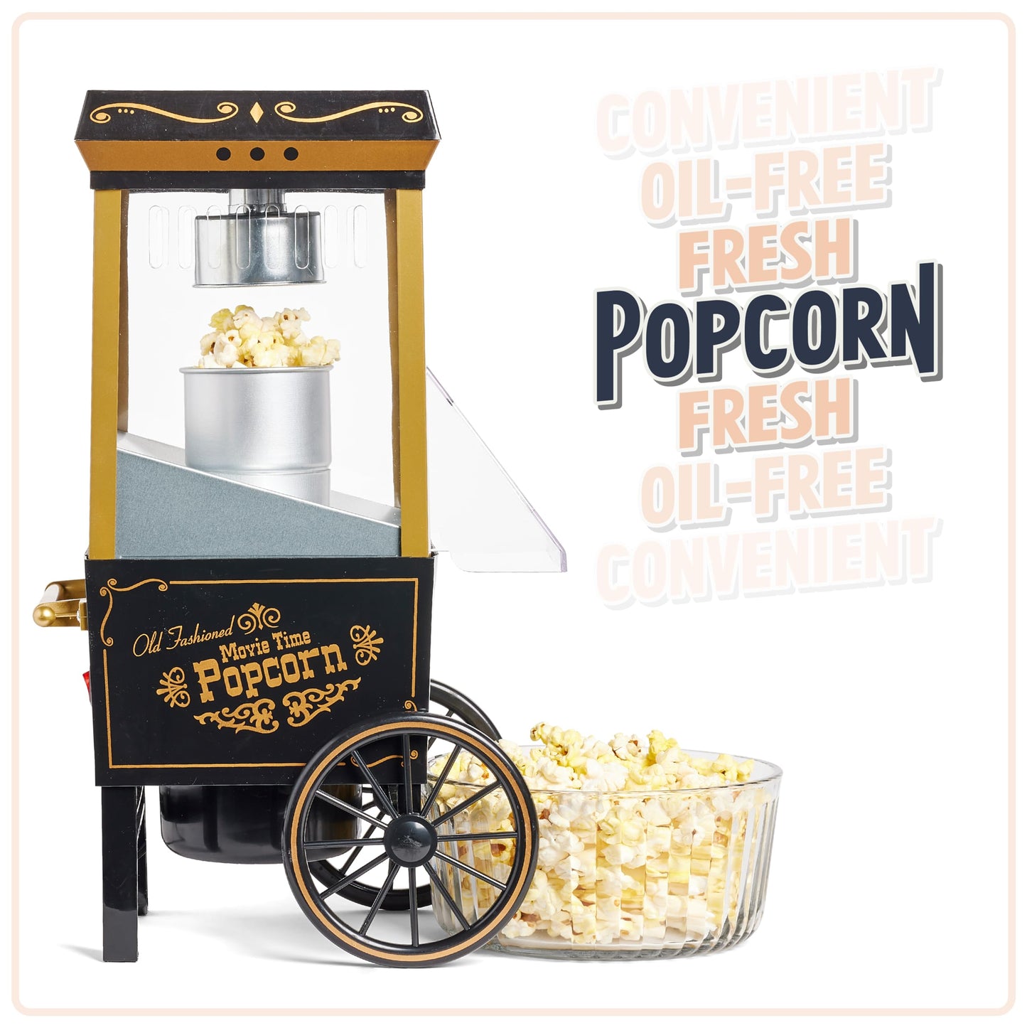 Nostalgia Old-Fashioned Hot Air Popcorn Paker, 12 Cup Vintage Tabletop Popcorn Machine with Measuring Cap for Home, Parties, Movie Night, and Kids, 12 Cup, Black