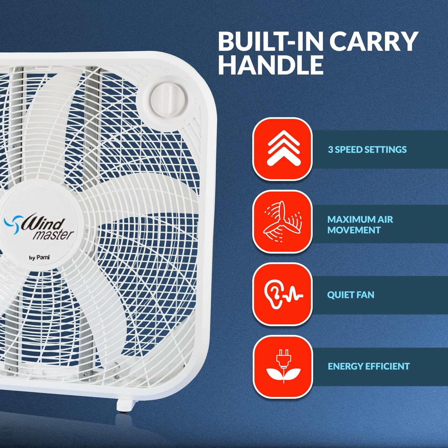PAMI 20” High-Performance Box Fan - Portable Floor Fan With 3 Speed Levels & Carry Handle- Cooling Air Flow Technology Standing Room Fan- Electric Cooling Fan For Bedroom Home Dorm Office, White