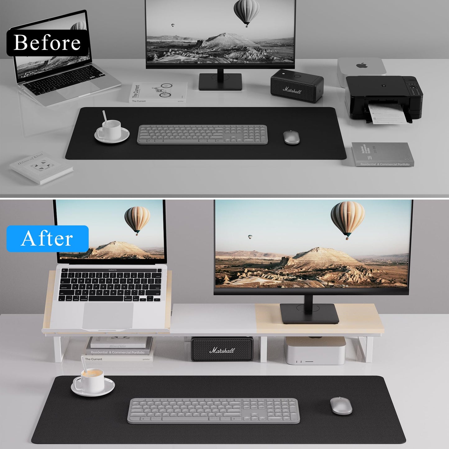Dual Monitor Stand with Adjustable Laptop Riser - Monitor Stand for 2 Monitors, Ergonomic 7-Angle Adjustable Laptop Stand for Desk, Wooden Computer Stand For Home Office with Metal Legs, Oak