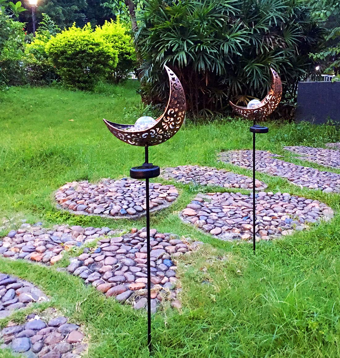Aubasic Solar Powered Garden Lights, 2 Pack Antique Brass Hollow-Carved Metal Moon with Warm White Crackle Glass Globe Stake Lights,Waterproof Outdoor for Lawn,Patio,Yard