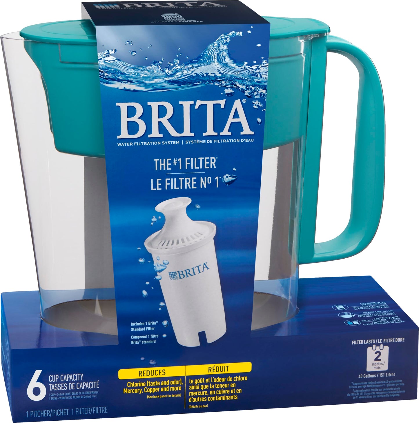 Brita 6 Cup Water Filter Pitcher with 1 Standard Filter, Metro, Turquoise (Package May Vary)