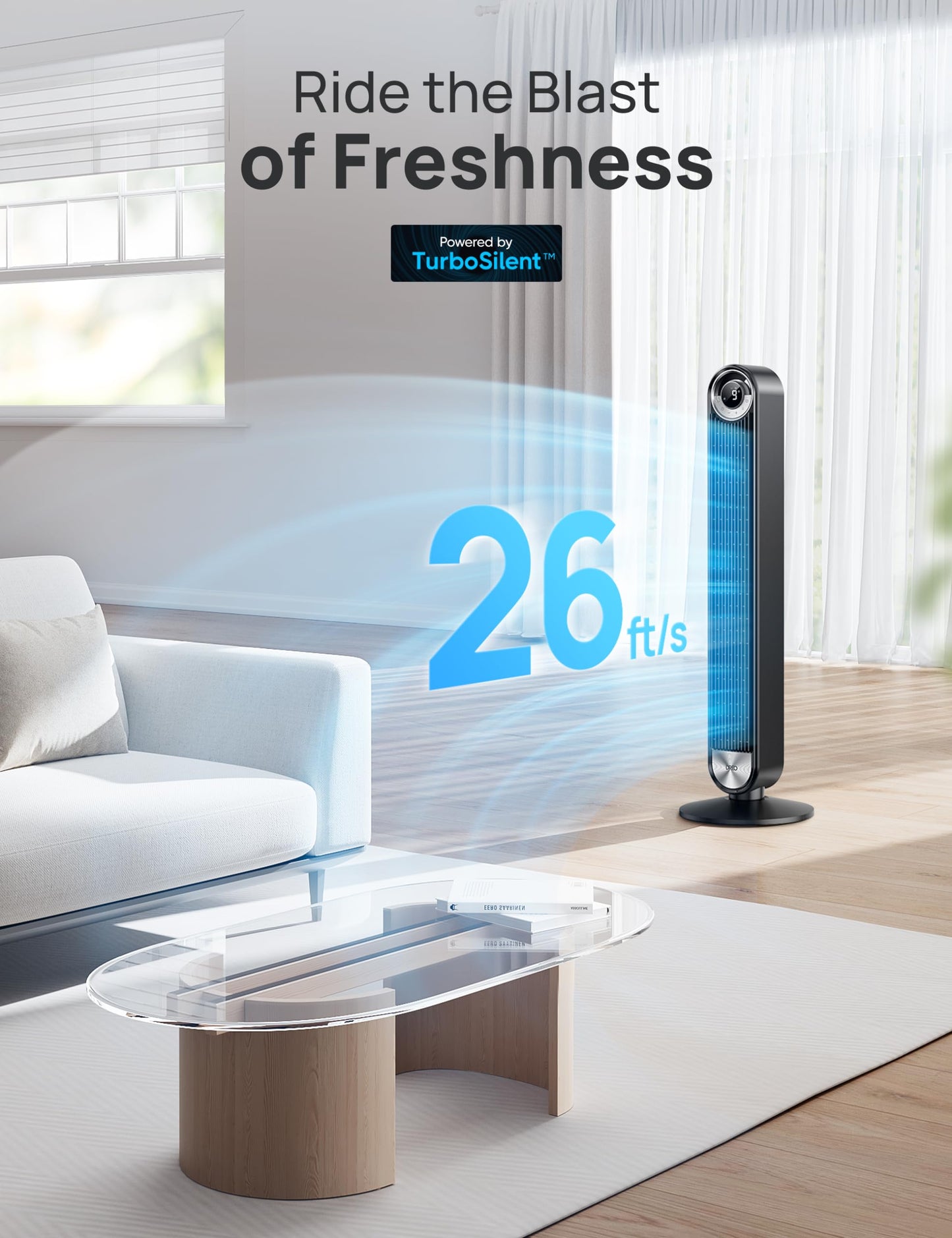 Dreo Tower Fan for Bedroom, Upgraded DC 9 Speeds Utral-Quiet Floor Fan, 90° Oscillating Fans for Indoors with 26ft/s Velocity, 12H Timer, Standing Fans, Bladeless Fan Powerful for Home Office Room
