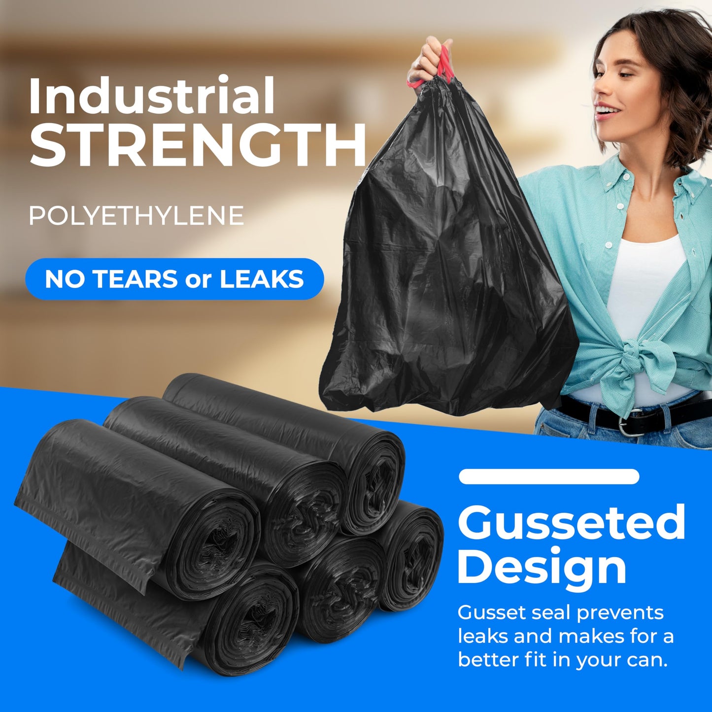 ToughBag 30 Gallon Trash Bags Drawstring (150 Count) Large Black Garbage Bags 30+ Gallon, Heavy Duty 30 Gallon Trash Bags for Kitchen, Commercial & Lawn