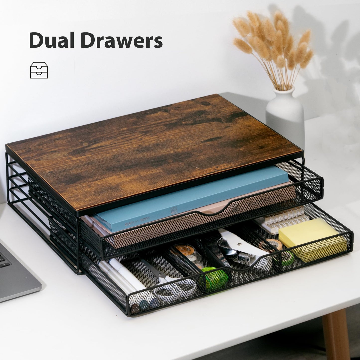 ARCOBIS Wood Monitor Riser with Drawers, Mesh Metal Computer Monitor Stand Riser with Storage for Desk, Max Load Capacity 40LB, 2 Drawers, Rustic Brown