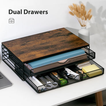 ARCOBIS Wood Monitor Riser with Drawers, Mesh Metal Computer Monitor Stand Riser with Storage for Desk, Max Load Capacity 40LB, 2 Drawers, Rustic Brown