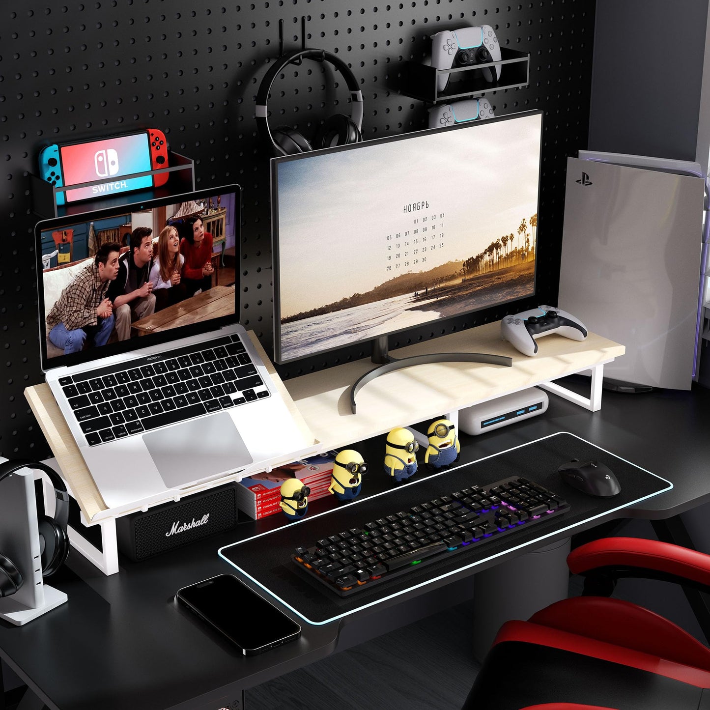 Dual Monitor Stand with Adjustable Laptop Riser - Monitor Stand for 2 Monitors, Ergonomic 7-Angle Adjustable Laptop Stand for Desk, Wooden Computer Stand For Home Office with Metal Legs, Oak