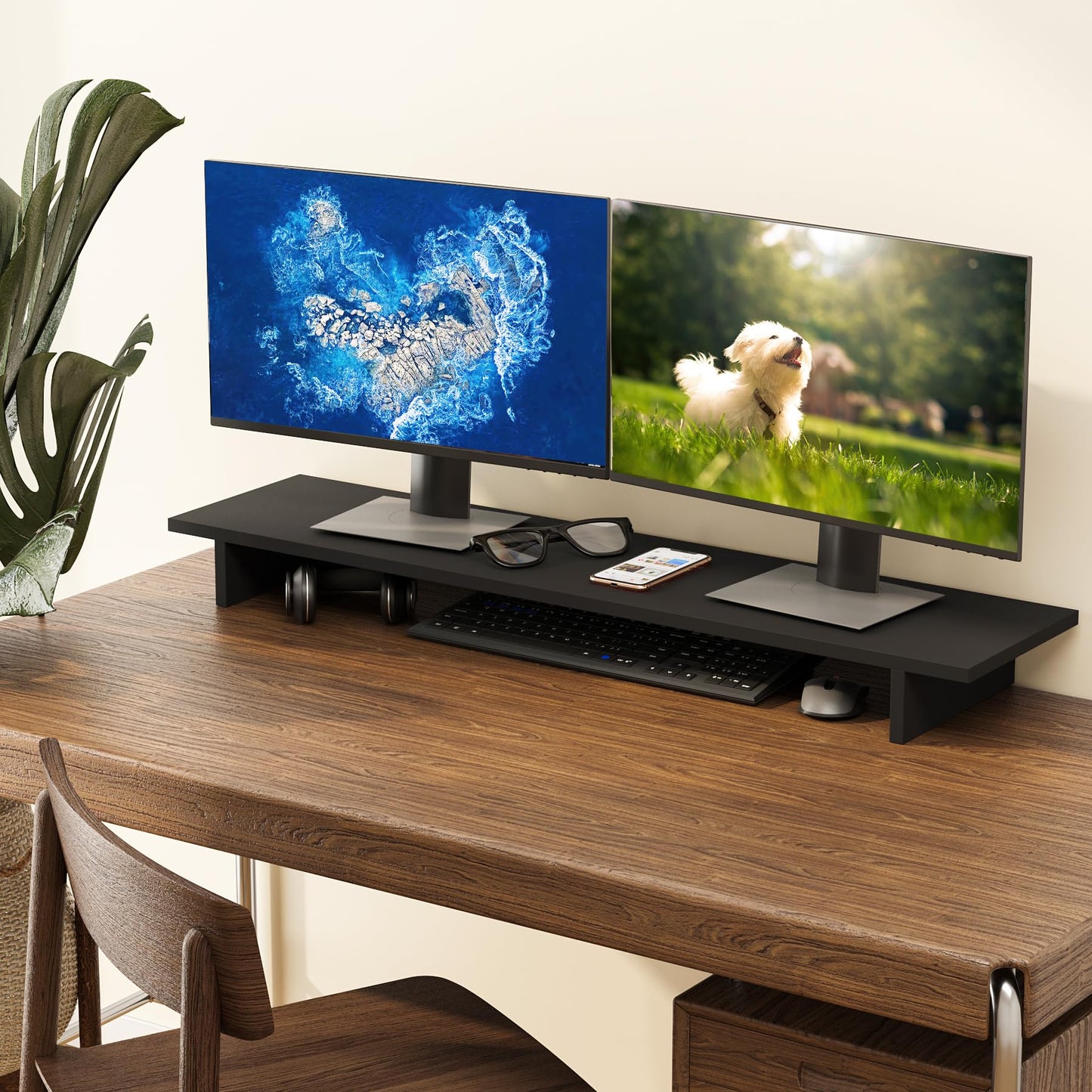 BAMEOS Dual Monitor Stand for Desk, 40 Inch Monitor Stand Riser for 2 Monitors, Computer Monitor Stand for Computer/Laptop/Printer/TV