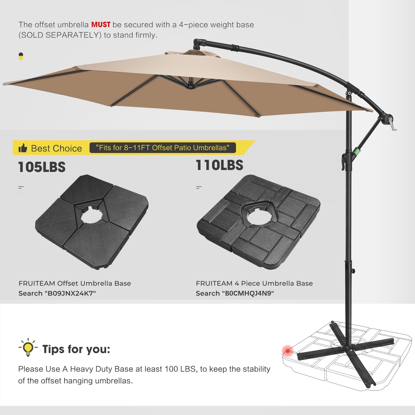 FRUITEAM 10FT Patio Offset Umbrella Cantilever Umbrella, Large Hanging Market Umbrella with Crank & Cross Bar, Waterproof UV Protection Outdoor Umbrella with Ventilation for Backyard, Garden