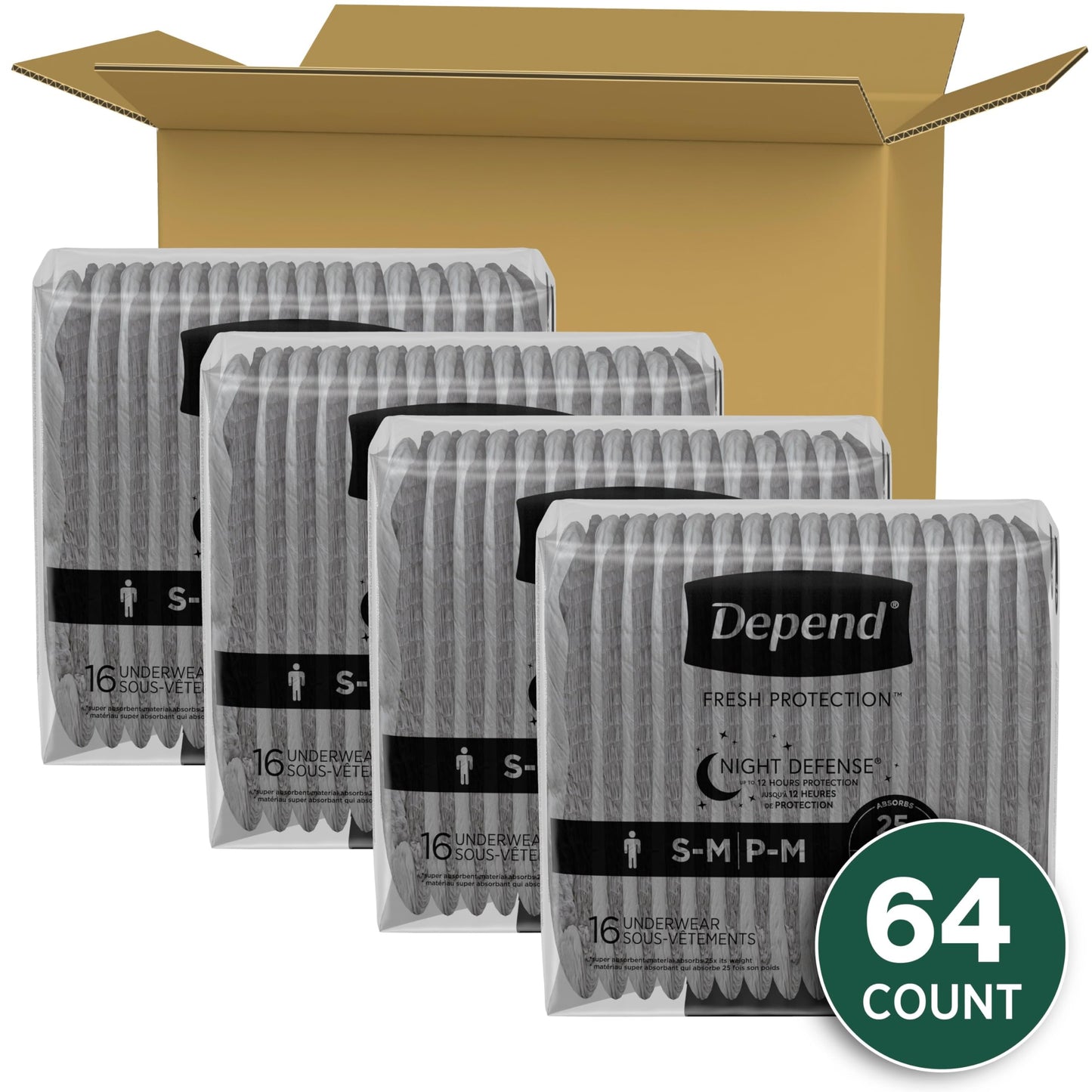 Depend Night Defense Adult Incontinence Underwear for Men, Disposable, Overnight, Small/Medium, Grey, 64 Count (4 Packs of 16), Packaging May Vary