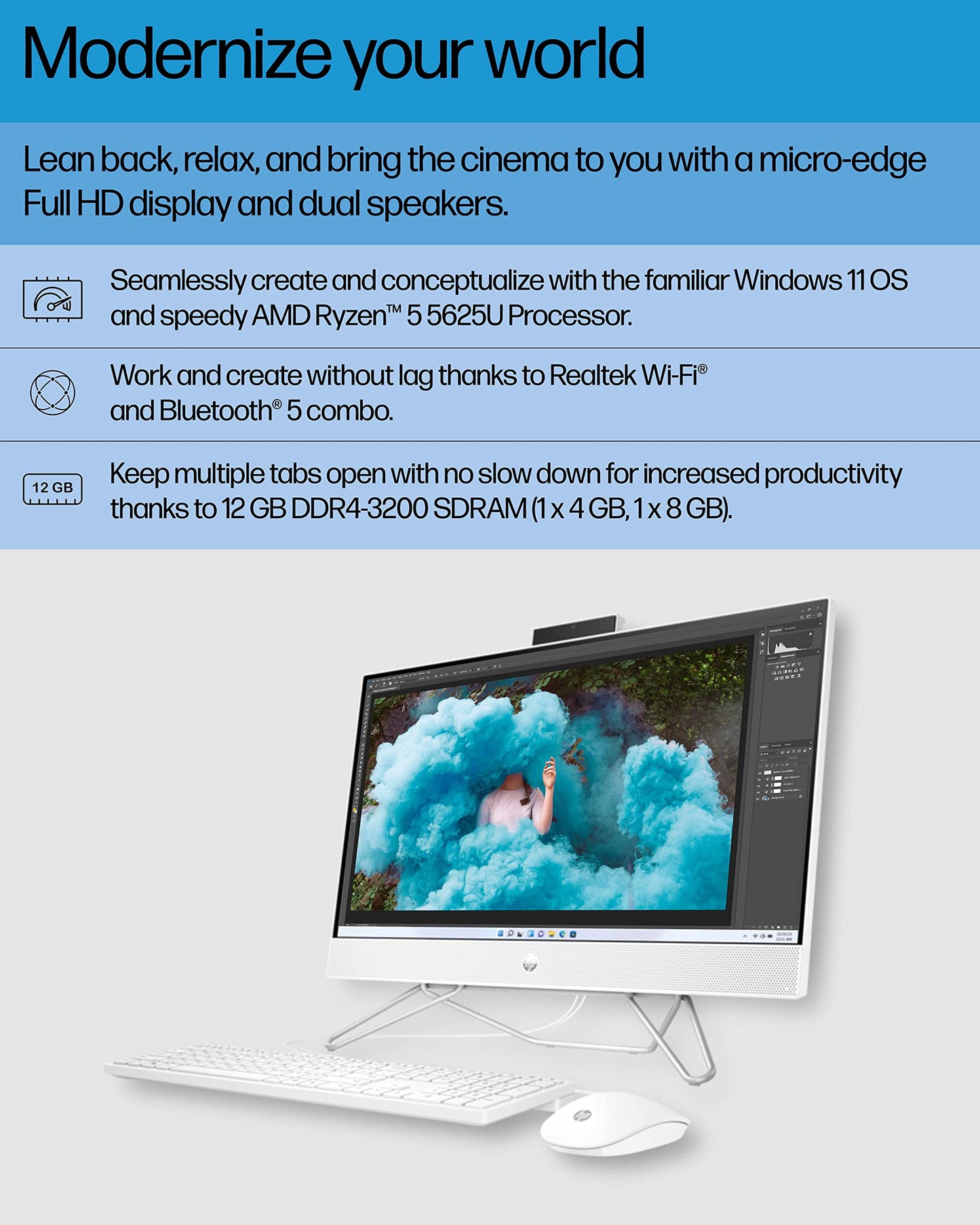 HP All-in-One Bundle PC, 23.8" FHD Micro-Edge Touchscreen Display, AMD Ryzen 5 processor, AMD Radeon Graphics, 12 GB RAM, 512 GB SSD, Windows 11 Home OS, Wi-Fi (24-cb1142, 2022)