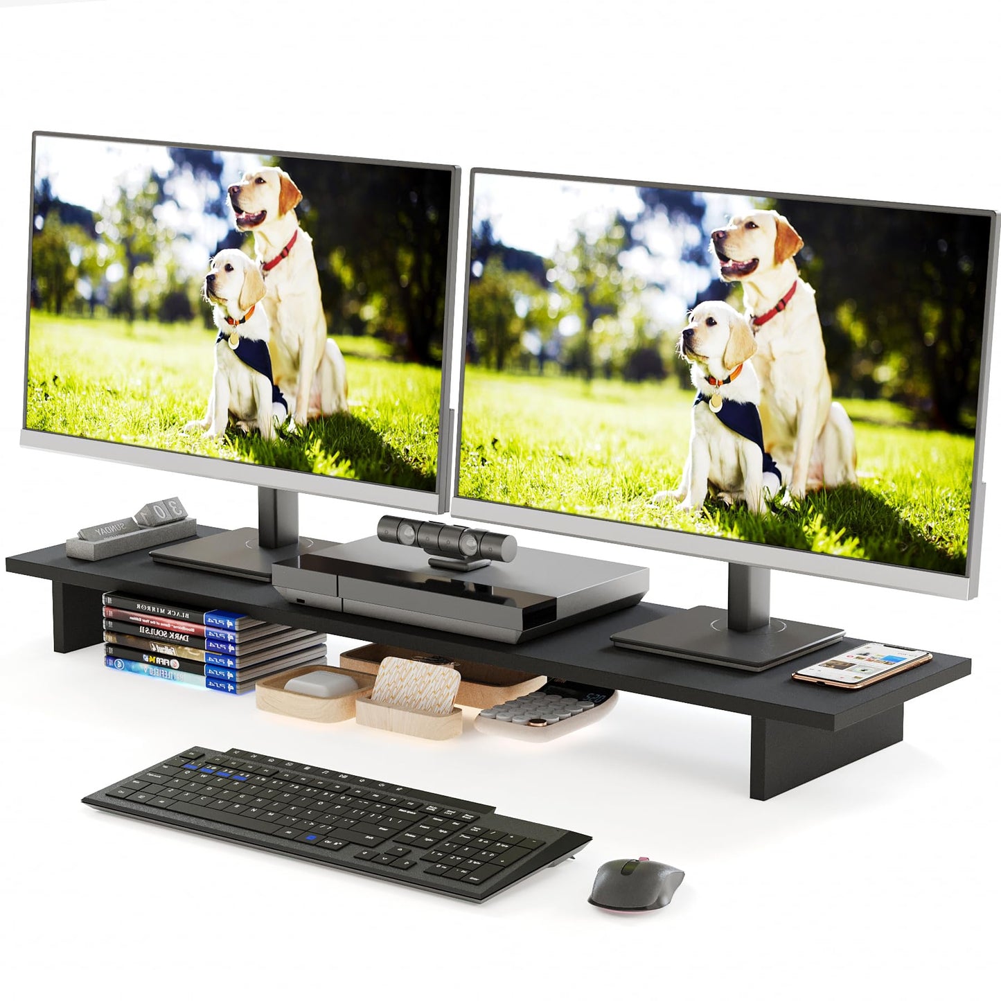 BAMEOS Dual Monitor Stand for Desk, 40 Inch Monitor Stand Riser for 2 Monitors, Computer Monitor Stand for Computer/Laptop/Printer/TV