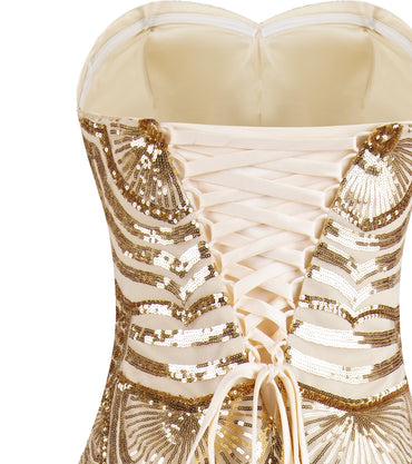 Angel-fashions Women's Champagne Sequin Strapless Sweetheart Mesh Lace up Banquet Dress X-Large