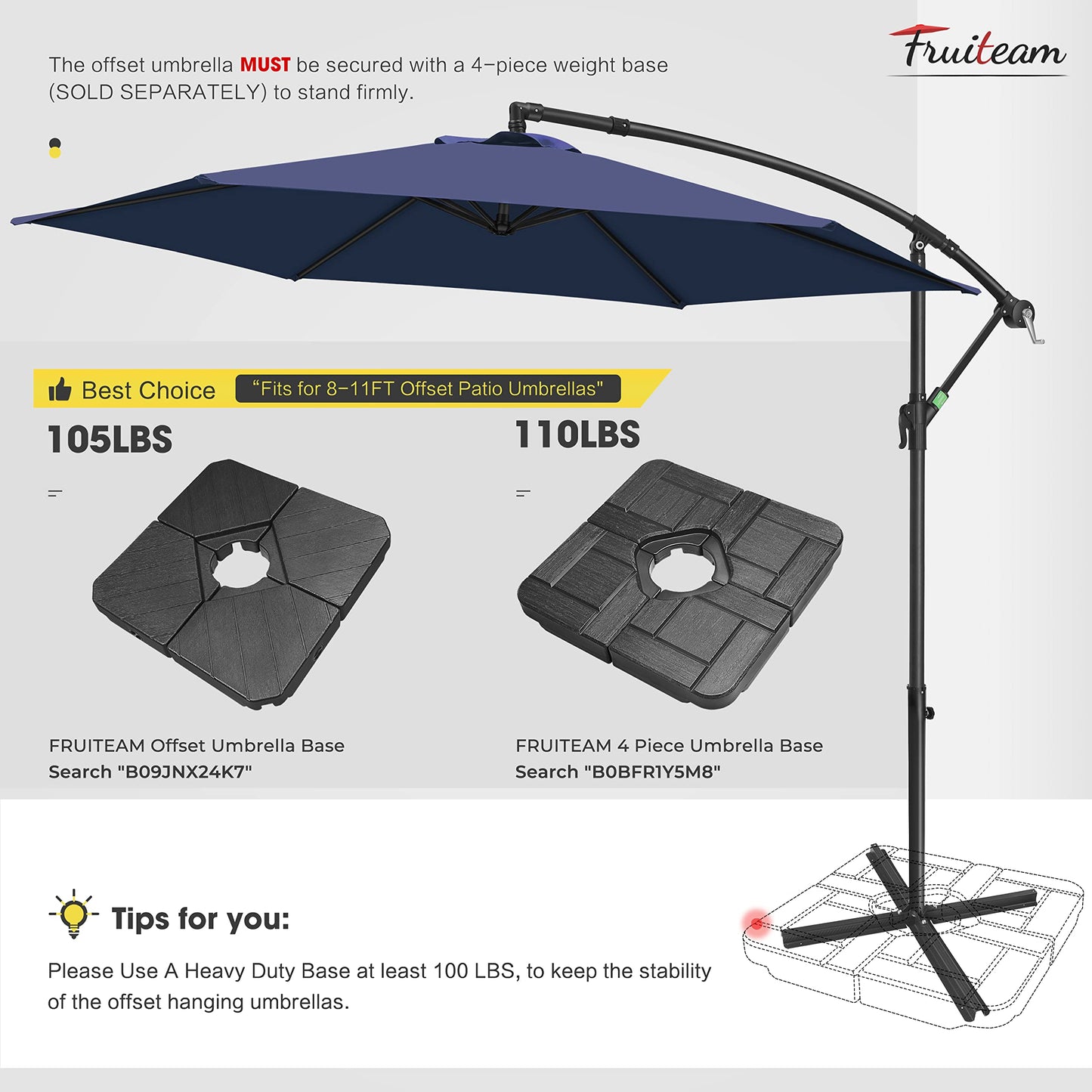 FRUITEAM 10FT Patio Umbrellas Offset Cantilever Umbrella, Large Shade Hanging Market Umbrella, Waterproof & UV Protection Outdoor Pool Umbrella with Ventilation for Backyard/Garden