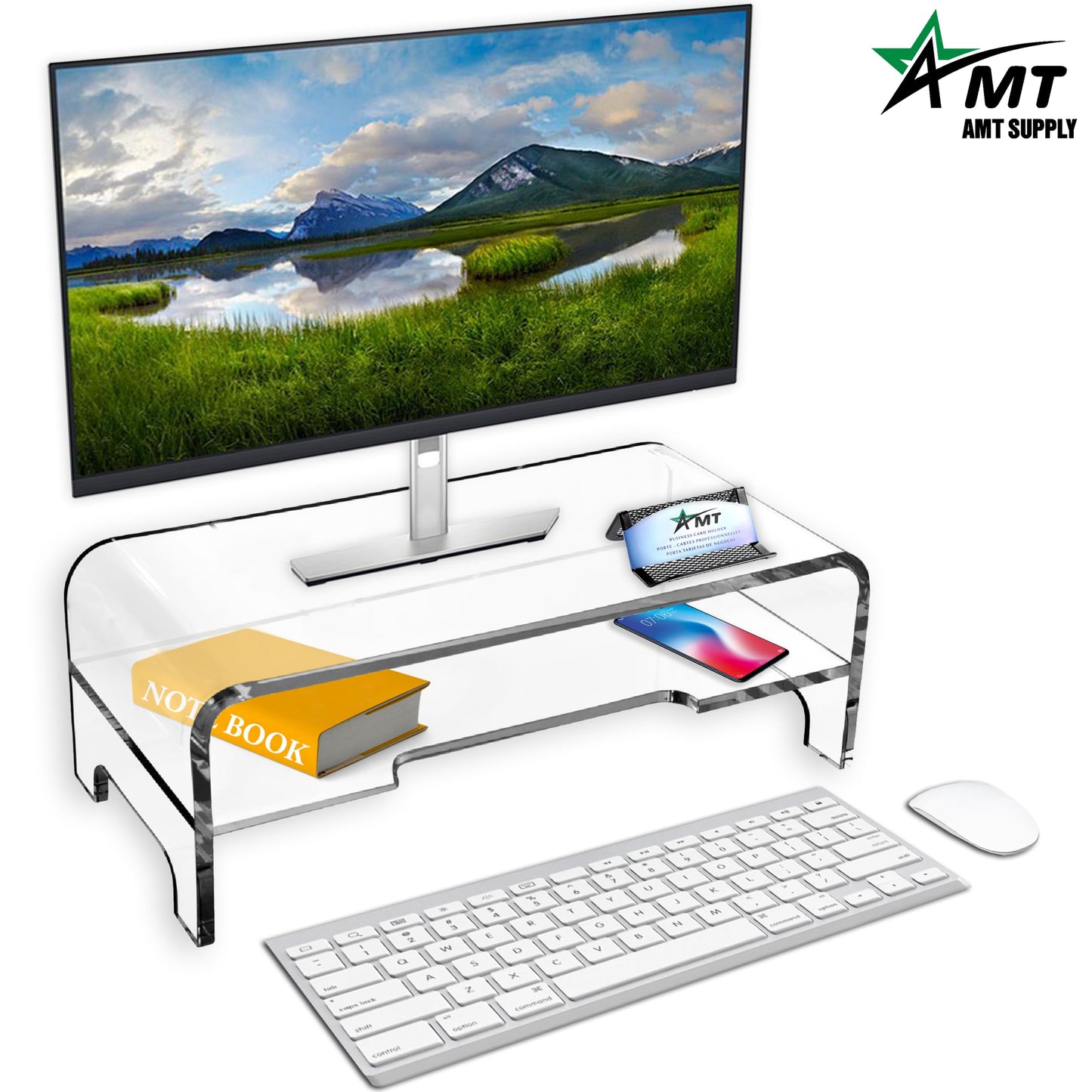 AMT 2 Tier 5.5 Inch High AMT Clear Acrylic Monitor Stand Riser Clear Computer with Cat Keyboard Protector, Space-Saving Design, Extra Storage, Clear Shelf - Ideal for Monitors, Laptops, Printers,
