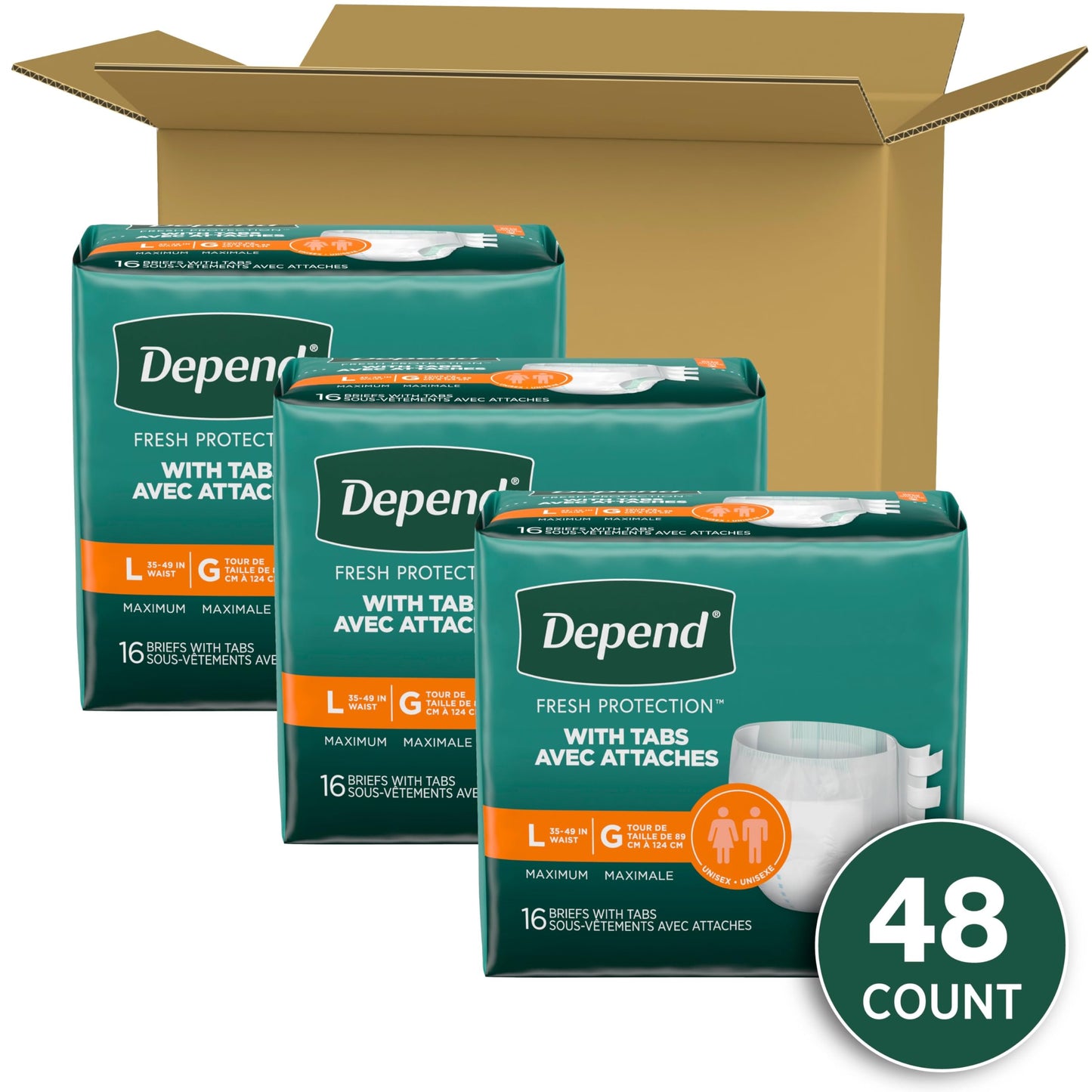 Depend Incontinence Protection with Tabs, Unisex, Large (35–49" Waist, over 170 lbs), Maximum Absorbency, 48 Count (3 Packs of 16)