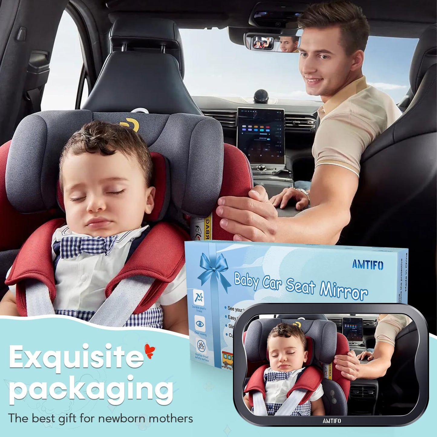 Baby Car Mirror Gifts for Newborns: Ease of Installation Non-Shaking Stability Car Seat Mirror Rear Facing Shatterproof Backseat Mirror View Infant Curved Wide-angle Carseat Mirror - AMTIFO A25