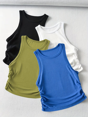 4 Packs Side Ruched Tank Tops, Y2K Crew Neck Tank Tops For Summer, Women's Clothing