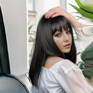 Natural Black Straight Synthetic Wig For Women With Bangs 18inch Cosplay Halloween Party Heat Resistant