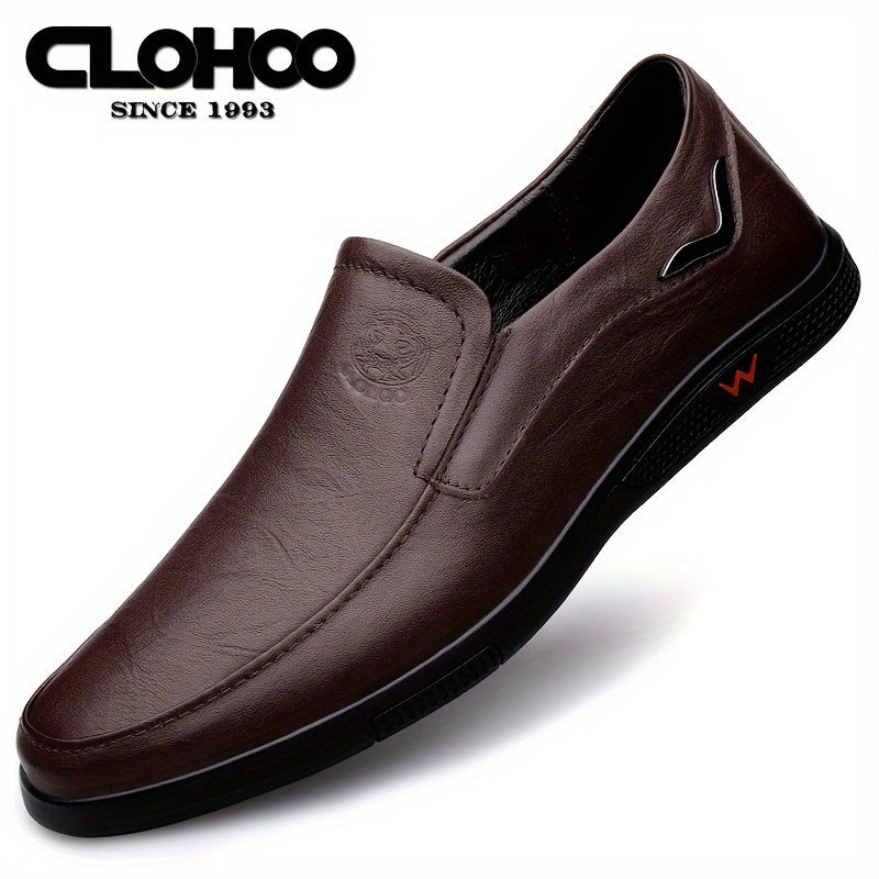 CLOHOO Men's Slip-On Casual Shoes - Genuine Leather Upper, Rubber Sole with PU Cushioned Insole, All-Season Comfort for Business & Vacation, Brown/Black, Casual Footwear | Classic Slipon | Rubber Sole Footwear