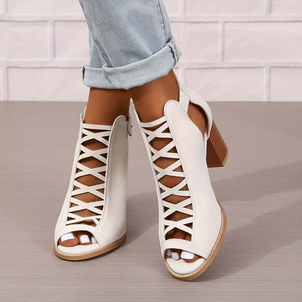 Women's Chunky Heeled Sandals, Peep Toe Cut-out Buckle Strap Stacked Heels, Retro High Heels