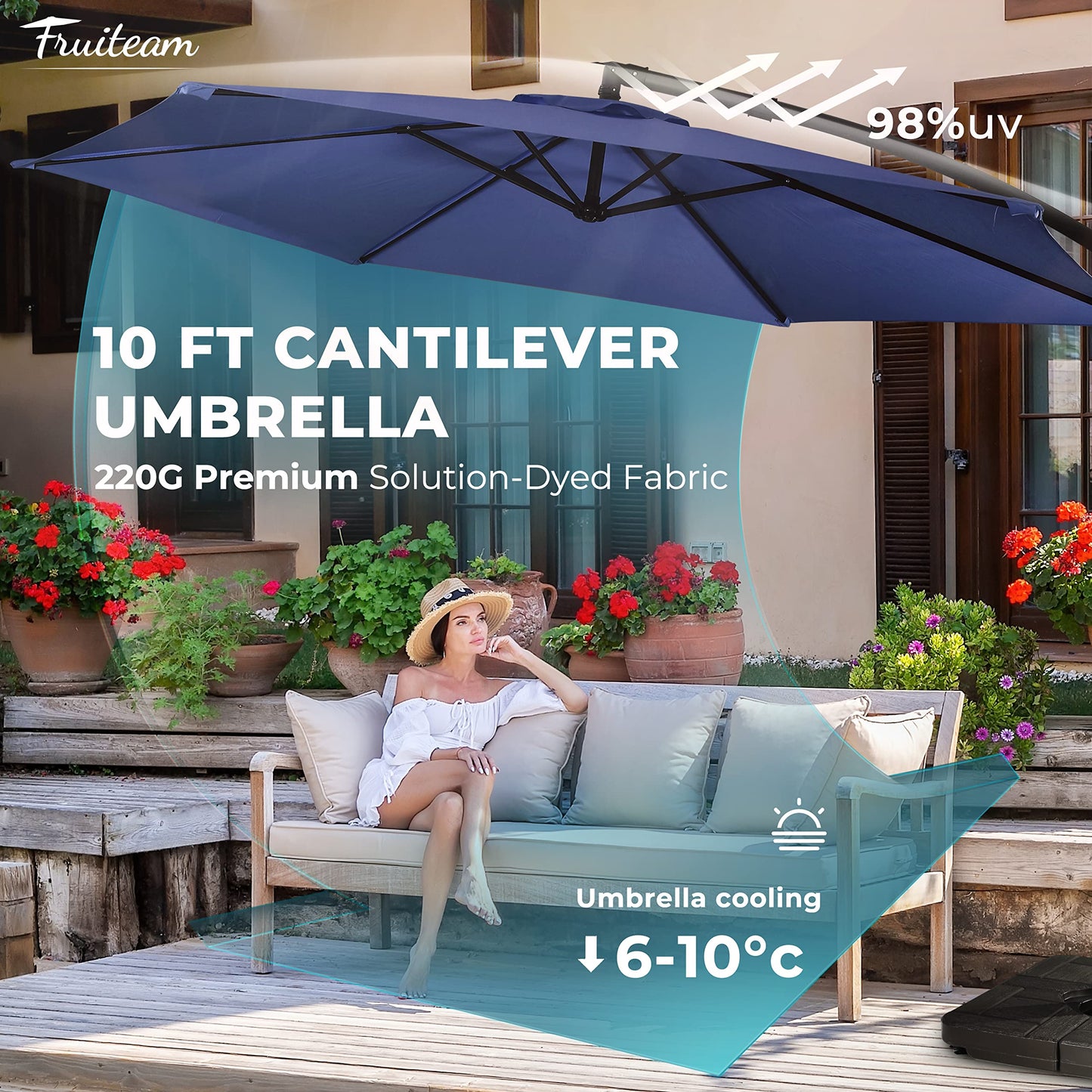 FRUITEAM 10FT Patio Umbrellas Offset Cantilever Umbrella, Large Shade Hanging Market Umbrella, Waterproof & UV Protection Outdoor Pool Umbrella with Ventilation for Backyard/Garden