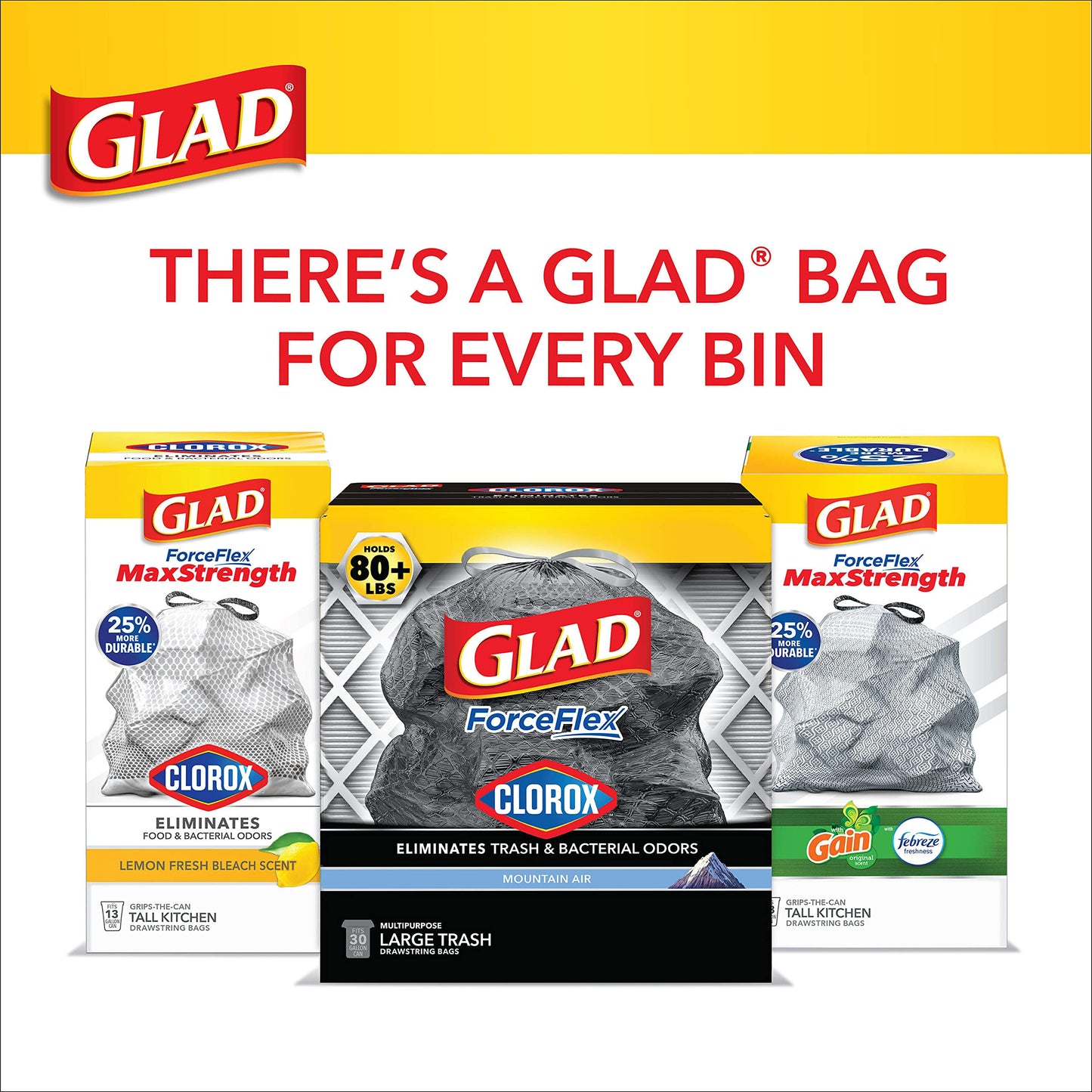 Glad Trash Bags, Large Drawstring Garbage Bags ForceFlex with Clorox, 30 Gallon, Mountain Air, 25 Count