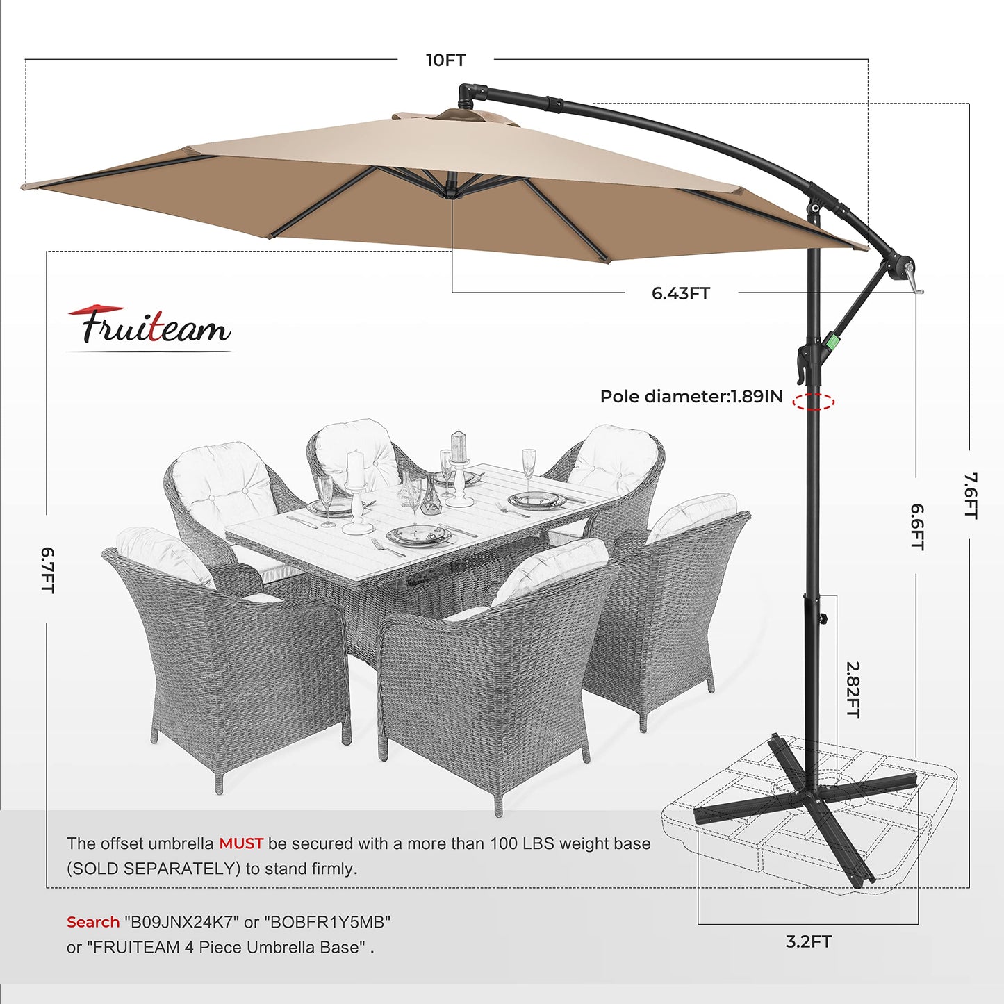 FRUITEAM 10FT Patio Offset Umbrella Cantilever Umbrella, Large Hanging Market Umbrella with Crank & Cross Bar, Waterproof UV Protection Outdoor Umbrella with Ventilation for Backyard, Garden